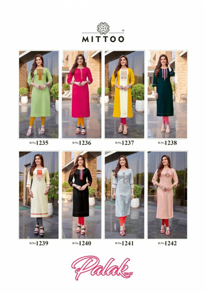 Mittoo Palak 27 Fancy Ethnic Wear Rayon Designer Kurti Collection
